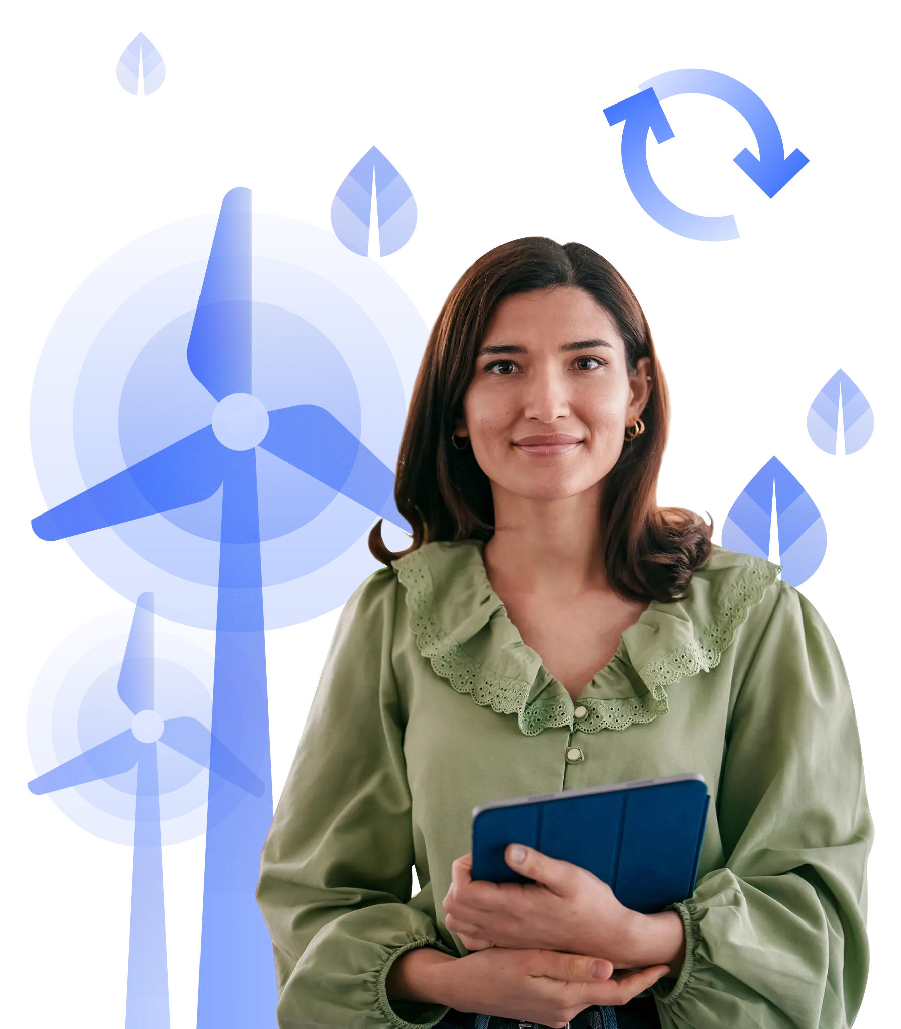 Woman wearing a green shirt and holding a tablet. Behind her are symbols relating to sustainability, like the leaves, 2 windmills and the recycling symbol
